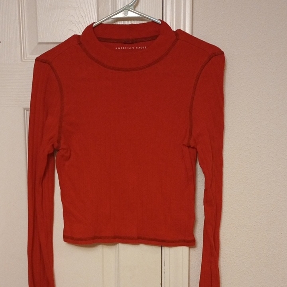 American Eagle Outfitters Red Crop Polo Long Sleeve Tee